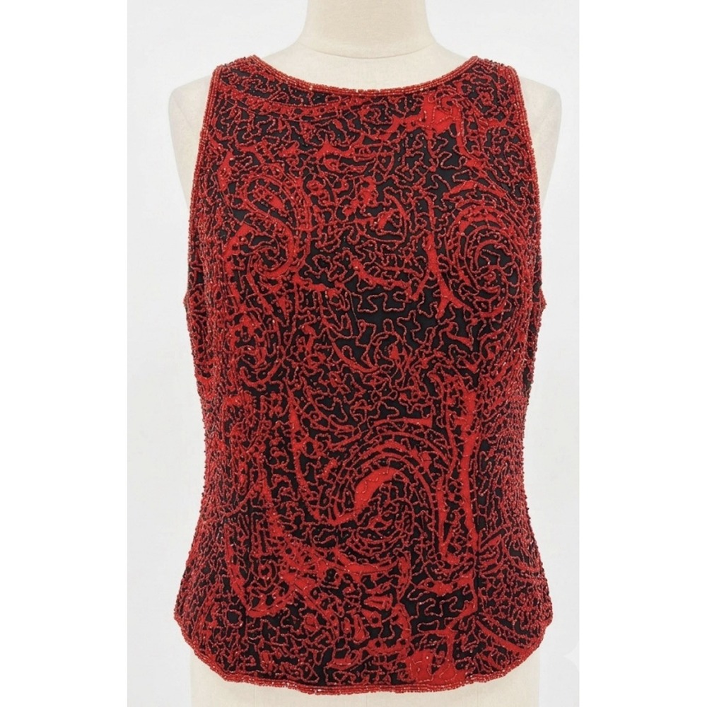 Andretta Donatello 100% Silk Red Black Beaded Sequined Top Blouse XL
Vamp Glam